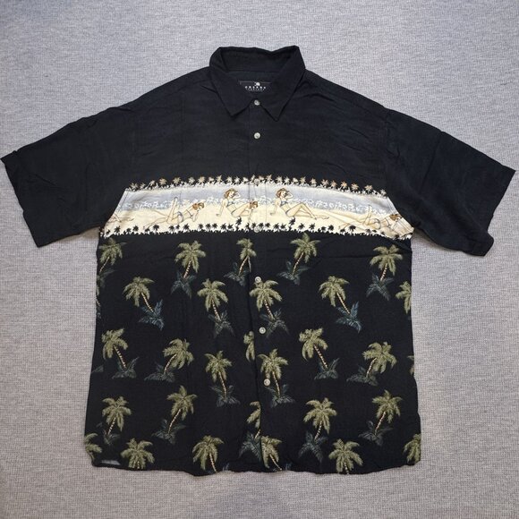 Vintage Consensus Sportswear Hawaiian Shirt Size L Black Palm Tree Pin-Up Girl - Picture 1 of 13